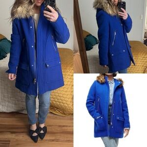 J. Crew Blue Parka with Faux Fur Trim